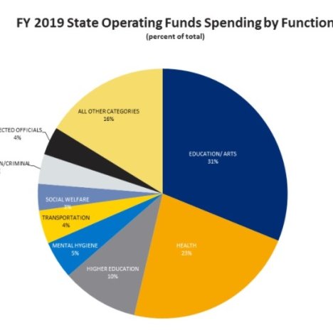 According to the Governor’s website, the Executive Budget allocates 23% of Fiscal Year 2019’s state operating funds to healthcare (in orange). Spending on healthcare would increase by 3.2%, or $593 million.