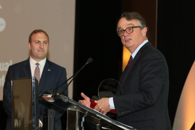 Nicholas Henley, HANYS’ Vice President, Member Relations (left),  Hugh R. Thomas , Esq., Executive Vice President, Chief Administrative Officer, Rochester Regional Health System (right)